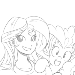 Size: 500x500 | Tagged: source needed, safe, artist:reiduran, pinkie pie, sunset shimmer, earth pony, human, pony, equestria girls, g4, duo, grin, looking at you, monochrome, sketch, smiling