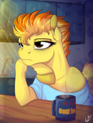 Size: 3000x4000 | Tagged: safe, artist:lupiarts, spitfire, pony, g4, coffee, digital art, female, mare, morning, mug, solo, tired