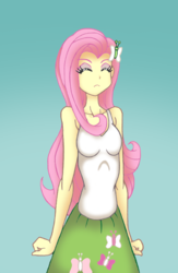 Size: 1904x2928 | Tagged: safe, artist:grandzebulon, fluttershy, equestria girls, g4, keep calm and flutter on, clothes, equestria girls interpretation, eyes closed, female, frown, scene interpretation, simple background, skirt, solo, tank top