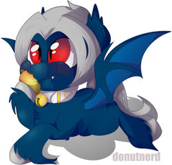 Size: 914x874 | Tagged: safe, artist:donutnerd, oc, oc only, bat pony, pony, bell, collar, drool, eat, eating, fangs, food, juicy, mango, solo, spread wings, wings