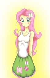 Size: 1904x2928 | Tagged: safe, artist:grandzebulon, fluttershy, equestria girls, g4, blushing, clothes, female, looking at you, skirt, solo, tank top