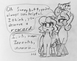 Size: 2820x2263 | Tagged: safe, artist:floofyfoxcomics, oc, oc only, oc:autumn science, oc:sunlight days, earth pony, pony, unicorn, female, high res, mare, monochrome, traditional art