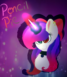 Size: 1453x1683 | Tagged: safe, artist:creadorachan, oc, oc only, oc:pencil pie, pony, unicorn, bust, female, heterochromia, magic, mare, portrait, solo