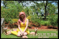 Size: 5184x3456 | Tagged: safe, artist:krazykari, fluttershy, deer, human, g4, absurd resolution, clothes, cosplay, costume, dress, garden, irl, irl human, photo, pony ears, quote, solo