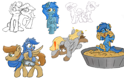 Size: 931x594 | Tagged: safe, artist:pzkratzer, derpy hooves, doctor whooves, quibble pants, time turner, oc, merpony, pegasus, pony, g4, cute, dive mask, female, flockmod, food, goggles, hug, male, messy, pie, ship:doctorderpy, shipping, silly, silly pony, simple background, snorkel, straight, white background