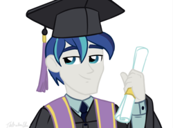 Size: 1024x757 | Tagged: safe, artist:verumtee, alumnus shining armor, shining armor, comic:sparkling shimmer, equestria girls, g4, graduation cap, hat, male, simple background, solo, transparent background