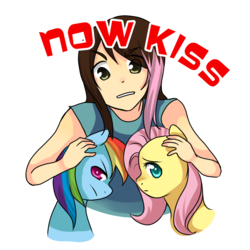 Size: 1000x1000 | Tagged: safe, artist:shlebby, fluttershy, rainbow dash, human, g4, female, lesbian, now kiss, ship:flutterdash, shipper on deck, shipping, simple background, transparent background