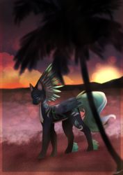 Size: 2000x2823 | Tagged: safe, artist:mewaluriarts, oc, oc only, oc:alpine apotheon, pony, beach, female, high res, palm tree, sunset, tree, ych result