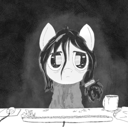 Size: 1000x995 | Tagged: safe, artist:happy harvey, oc, oc only, oc:floor bored, pony, bags under eyes, black and white, bloodshot eyes, bored, chips, clothes, coffee, computer mouse, dirty, food, grayscale, hoodie, keyboard, mess, monochrome, mug, neet, phone drawing, reflection, tired