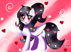 Size: 2600x1900 | Tagged: safe, artist:sweethearts11, oc, oc only, oc:dark jill, pegasus, pony, abstract background, choker, dog lip, female, heart eyes, large wings, looking at you, mare, solo, spiked choker, wingding eyes, wings