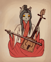 Size: 674x819 | Tagged: safe, artist:wwredgrave, octavia melody, horse, anthro, g4, asian, asian pony, chinese, clothes, crossover, dress, eyes closed, female, hair, makeup, mongolian, musical, musical instrument, musician, playing, sitting, sketch, solo