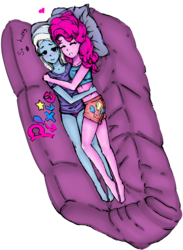 Size: 2000x2728 | Tagged: safe, artist:starwantrix, pinkie pie, trixie, equestria girls, g4, blushing, clothes, couch, cuddling, cute, diapinkes, diatrixes, female, high res, lesbian, midriff, panties, pink underwear, romance, ship:trixiepie, shipping, shorts, simple background, sleeping, sports bra, transparent background, underwear