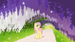 Size: 1280x720 | Tagged: safe, artist:silviawinter, fluttershy, butterfly, pegasus, pony, g4, female, flower, folded wings, garden, looking at something, path, smiling, solo, standing, tunnel, turned head, wings, wisteria