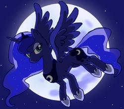 Size: 600x525 | Tagged: safe, artist:yosixi, princess luna, alicorn, pony, g4, female, flying, full moon, looking at you, mare, moon, solo, starry night