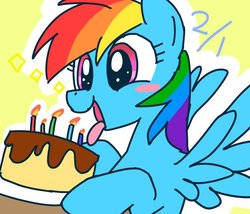 Size: 700x600 | Tagged: safe, artist:yosixi, rainbow dash, pony, g4, birthday, blushing, cake, candle, female, food, solo, tongue out