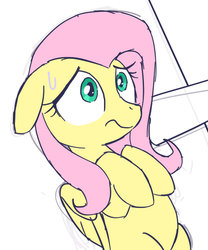 Size: 500x600 | Tagged: safe, artist:yosixi, fluttershy, pegasus, pony, g4, female, floppy ears, folded wings, hind legs, hooves to the chest, looking at something, nervous, nervous sweat, on back, solo, sweat, wings