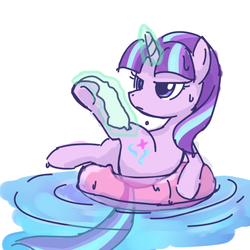 Size: 600x600 | Tagged: safe, artist:yosixi, starlight glimmer, pony, unicorn, g4, female, inner tube, magic, mare, pool toy, solo, sweat, swimming pool, telekinesis, underhoof, water, wet