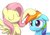Size: 1000x700 | Tagged: safe, artist:yosixi, fluttershy, rainbow dash, pegasus, pony, g4, bust, cute, dashabetes, duo, eyes closed, female, floppy ears, head pat, head rub, japanese description, mare, noogie, pat, petting, shyabetes, simple background, spread wings, white background, wings