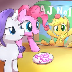 Size: 800x800 | Tagged: safe, artist:yosixi, applejack, pinkie pie, rarity, pony, g4, anti-bronybait, apple, cute, food, tree