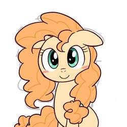 Size: 800x800 | Tagged: safe, artist:yosixi, pear butter, earth pony, pony, g4, blush sticker, blushing, cute, female, floppy ears, looking at you, mare, pearabetes, simple background, smiling, solo, white background