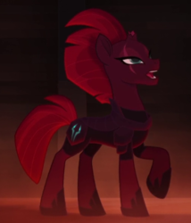 Size: 507x591 | Tagged: safe, screencap, tempest shadow, pony, g4, my little pony: the movie, armor, broken horn, cropped, eye scar, female, horn, open up your eyes, raised hoof, scar, singing, solo, steam