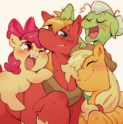 Size: 1039x1049 | Tagged: safe, artist:jirousan, apple bloom, applejack, big macintosh, granny smith, pony, g4, adorabloom, apple siblings, blank flank, blushing, brother and sister, cowboy hat, cute, eyebrows, eyebrows visible through hair, eyes closed, family, female, filly, hat, horse collar, jackabetes, macabetes, male, mare, noogie, open mouth, raised hoof, siblings, simple background, stallion, white background