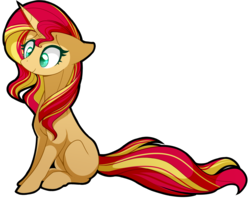 Size: 1209x972 | Tagged: safe, artist:uunicornicc, sunset shimmer, pony, unicorn, g4, colored pupils, female, floppy ears, mare, missing cutie mark, simple background, sitting, smiling, solo, transparent background