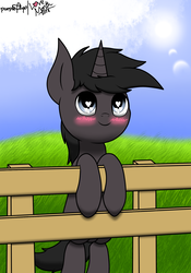 Size: 1382x1976 | Tagged: safe, artist:php142, oc, oc only, pony, unicorn, blushing, cute, fence, happy, heart, heart eyes, looking up, male, meadow, outdoors, sky, solo, sun, wingding eyes
