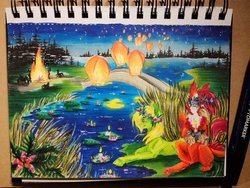 Size: 1024x768 | Tagged: safe, artist:scootiegp, oc, oc only, earth pony, griffon, pony, bonfire, bridge, candle, commission, duo, eyes closed, female, field, fire, forest, grass, lantern, male, mare, signature, sitting, sky lantern, smiling, traditional art, waterlily, wreath, your character here