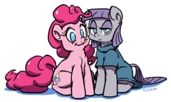 Size: 1000x600 | Tagged: safe, artist:foudubulbe, maud pie, pinkie pie, earth pony, pony, g4, duo, female, mare, pie sisters, siblings, simple background, sisters, sitting, transparent background