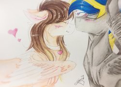 Size: 1024x735 | Tagged: safe, artist:scootiegp, oc, oc only, pegasus, pony, blushing, choker, eyes closed, female, heart, jewelry, male, mare, necklace, shipping, signature, simple background, smiling, stallion, traditional art, white background