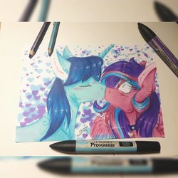 Size: 1024x1024 | Tagged: safe, artist:scootiegp, oc, oc only, pegasus, pony, unicorn, big eyes, choker, crayon, female, heart, jewelry, male, mare, necklace, oc x oc, promarker, shipping, signature, simple background, stallion, text, traditional art, white background, zoom layer