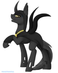 Size: 638x800 | Tagged: safe, artist:melodytheartpony, oc, oc only, oc:flavis, changeling, changeling oc, cloak, clothes, commission, male, raised hoof, simple background, solo, transparent background, yellow changeling