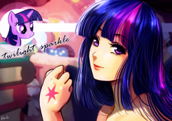 Size: 780x548 | Tagged: safe, artist:esther-shen, twilight sparkle, human, pony, g4, alternative cutie mark placement, beautiful, cutie mark on human, female, humanized, looking at you, mare, smiling, solo