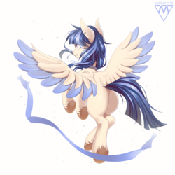 Size: 1000x1000 | Tagged: safe, artist:margony, oc, oc only, oc:eun byeol, pegasus, pony, butt, colored wings, commission, digital art, ear piercing, earring, female, flying, jewelry, looking at you, looking back, looking back at you, mare, multicolored wings, piercing, plot, signature, simple background, solo, spread wings, unshorn fetlocks, white background, wings