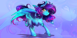 Size: 1600x800 | Tagged: safe, artist:wilvarin-liadon, oc, oc only, oc:ice wing, pegasus, pony, commission, female, leonine tail, mare, prancing, raised hoof, smiling, solo, spread wings, unshorn fetlocks, wings, zoom layer