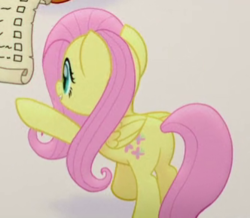 Size: 332x289 | Tagged: safe, screencap, fluttershy, pegasus, pony, g4, my little pony: the movie, butt, cropped, female, flutterbutt, mare, open mouth, plot, raised hoof, solo