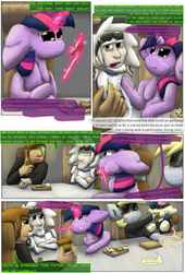 Size: 2160x3168 | Tagged: safe, artist:firefanatic, bon bon, derpy hooves, sweetie drops, twilight sparkle, cyborg, human, comic:agents of hoo-men, g4, chest fluff, comic, dialogue, fluffy, food, high res, messy mane, muffin, what is hoo-man