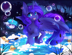 Size: 1024x784 | Tagged: safe, artist:teranen, princess celestia, princess luna, alicorn, pony, g4, annoyed, bubble, color porn, colored pupils, cute, eyestrain warning, female, horn, lunabetes, mare, night, royal sisters, rubber duck, siblings, silly, silly pony, sisters, smiling, soap bubble, spread wings, tree, water, wings