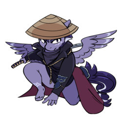 Size: 2400x2400 | Tagged: safe, artist:overlordneon, oc, oc only, pegasus, anthro, unguligrade anthro, anthro oc, clothes, commission, hat, high res, katana, samurai, simple background, solo, sword, transparent background, weapon