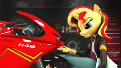 Size: 7680x4320 | Tagged: safe, artist:calveen, sunset shimmer, unicorn, anthro, plantigrade anthro, equestria girls, g4, 3d, absurd resolution, box, clothes, dress, ducati, ear piercing, female, garage, jacket, jeans, leather jacket, mare, motorcycle, pants, piercing, shelf, smiling, solo, source filmmaker, toolbox, wallpaper, watch, wheel