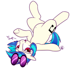 Size: 1400x1300 | Tagged: safe, alternate version, artist:notenoughapples, dj pon-3, vinyl scratch, pony, unicorn, g4, alternate eye color, belly button, female, floppy ears, looking at you, mare, simple background, smiling, solo, sunglasses, transparent background, underhoof, wrong eye color