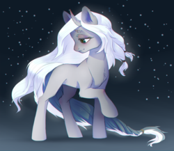 Size: 3000x2609 | Tagged: safe, artist:ls_skylight, oc, oc only, oc:amelie, pony, braid, braided tail, chromatic aberration, high res, horn, lidded eyes, looking away, looking down, multiple horns, night, raised hoof, solo, stars, turned head