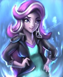 Size: 591x718 | Tagged: safe, artist:bunsogen, starlight glimmer, human, equestria girls, g4, clothes, female, hand on hip, jacket, leather jacket, missing accessory, shirt, smiling, solo