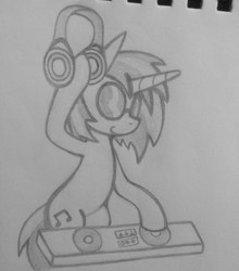 Size: 2447x2784 | Tagged: safe, artist:poorlydrawnpony, dj pon-3, vinyl scratch, pony, g4, headphones, high res, monochrome, traditional art, turntable