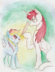 Size: 607x800 | Tagged: safe, artist:daisymane, rainbow dash, oc, oc:fausticorn, alicorn, pegasus, pony, g4, boop, creation, drawn into existence, duo, female, happy, looking at each other, looking up, mare, quill, raised hoof, sitting, smiling, spread wings, traditional art, watercolor painting, wings