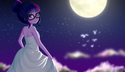 Size: 1605x925 | Tagged: safe, artist:electricshine, sci-twi, twilight sparkle, bird, equestria girls, g4, clothes, dress, female, full moon, looking at you, looking back, looking back at you, looking over shoulder, moon, night, sky, solo, stars