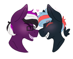 Size: 1200x970 | Tagged: safe, artist:person8149, oc, oc only, earth pony, pegasus, pony, blushing, boop, bust, cute, eyes closed, gay, glasses, heart, male, nuzzling, open mouth, portrait, simple background, smiling, stallion, transparent background, white outline