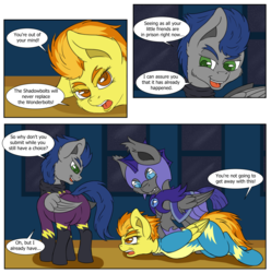 Size: 1894x1912 | Tagged: safe, artist:php192, spitfire, bat pony, pegasus, pony, g4, angry, arm behind back, armor, bondage, butt, clothes, comic, costume, eyebrows, fangs, female, guard, helmet, male, mare, mocking, open mouth, plot, shadowbolts, shadowbolts costume, speech bubble, talking, text, tied up, uniform, wonderbolts, wonderbolts uniform