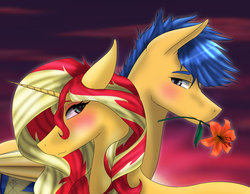 Size: 1024x795 | Tagged: safe, artist:charliegray99, flash sentry, sunset shimmer, pony, g4, female, flower, flower in mouth, male, mouth hold, ship:flashimmer, shipping, straight